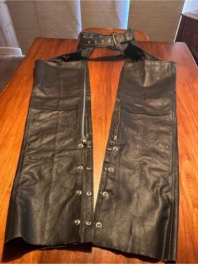Women's Black Leather Motorcycle Chaps with Adjustable Waist